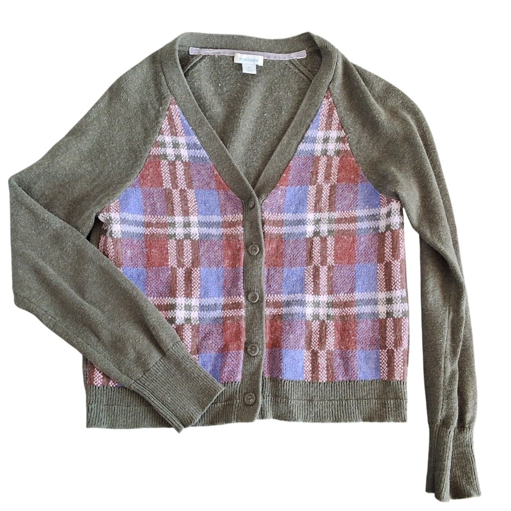 Sundance M Plaid Intarsia Cotton Wool Blend Cardigan‎ Sweater Twee Academia Prep